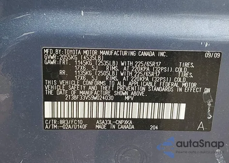 2009 Toyota Rav4 z USA, uszkodzony, nr VIN 2T3BF33V59W024030
